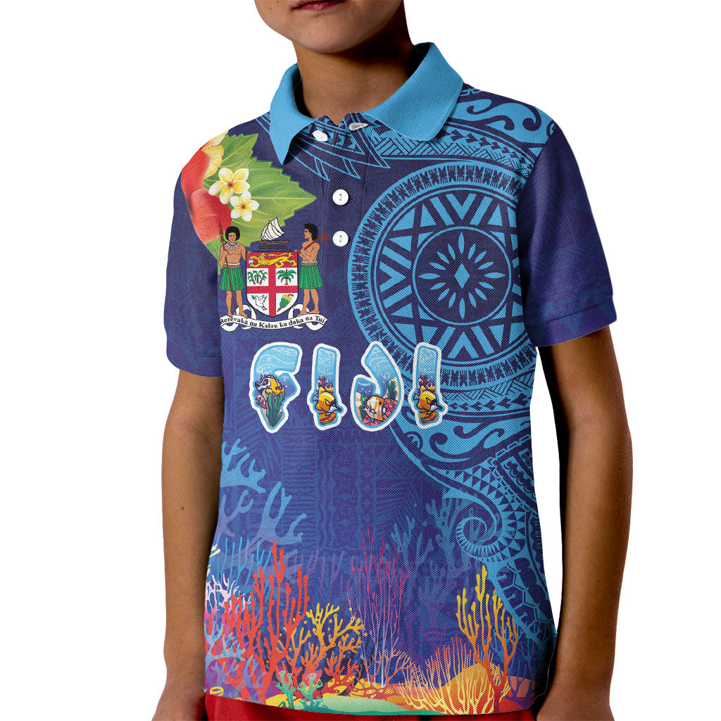 Fiji Day Kid Polo Shirt Coral Reef with Tapa Motifs and Hibiscus Ocean Vibe