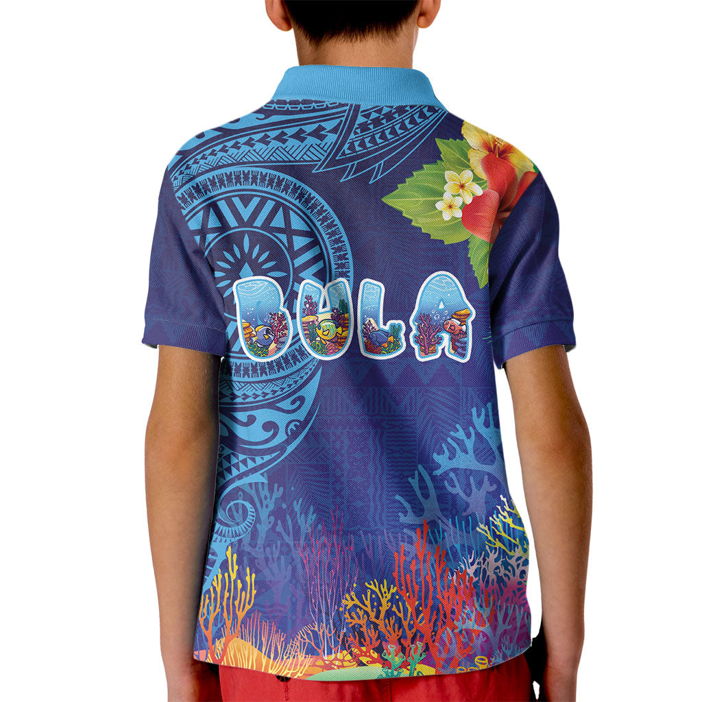 Fiji Day Kid Polo Shirt Coral Reef with Tapa Motifs and Hibiscus Ocean Vibe