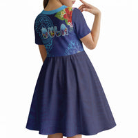 Fiji Day Kid Short Sleeve Dress Coral Reef with Tapa Motifs and Hibiscus Ocean Vibe