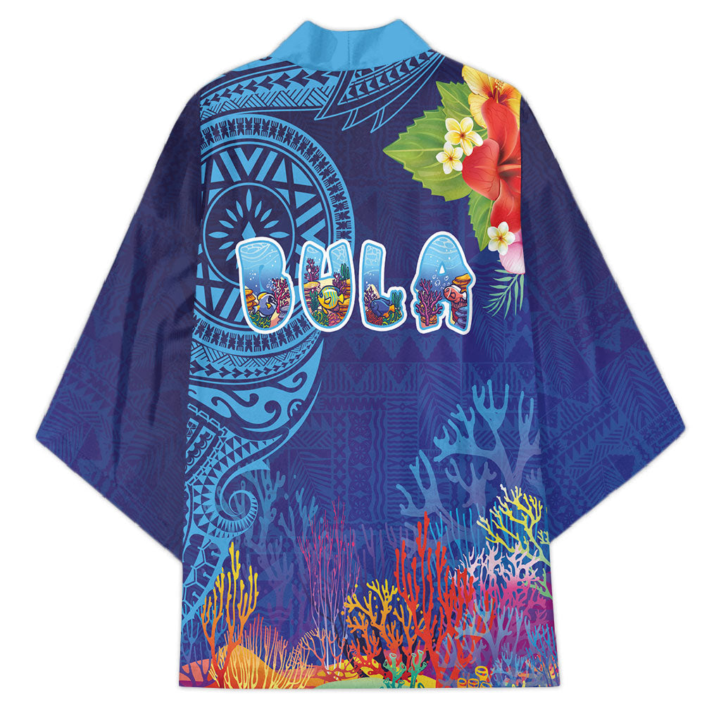 Fiji Day Kimono Coral Reef with Tapa Motifs and Hibiscus Ocean Vibe