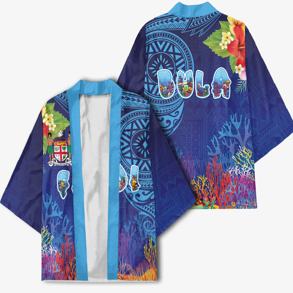 Fiji Day Kimono Coral Reef with Tapa Motifs and Hibiscus Ocean Vibe