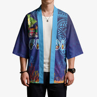 Fiji Day Kimono Coral Reef with Tapa Motifs and Hibiscus Ocean Vibe
