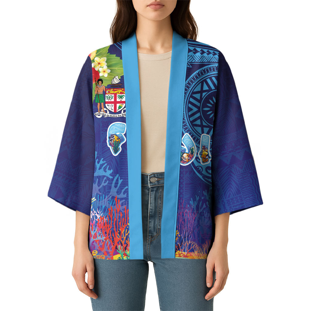 Fiji Day Kimono Coral Reef with Tapa Motifs and Hibiscus Ocean Vibe