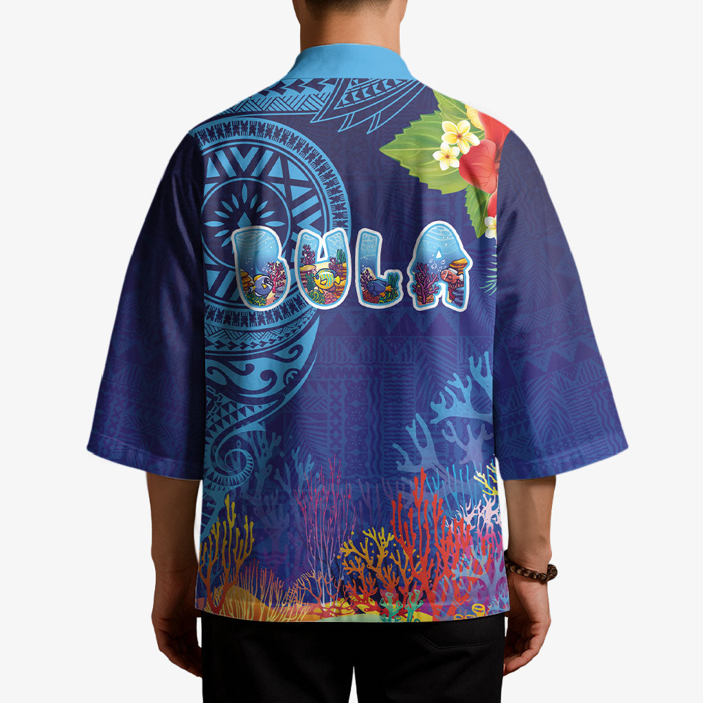 Fiji Day Kimono Coral Reef with Tapa Motifs and Hibiscus Ocean Vibe