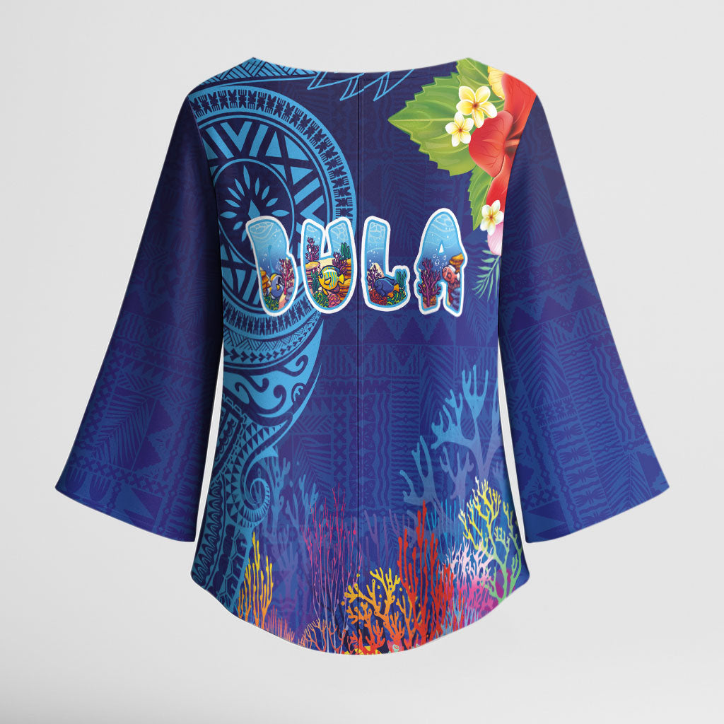 Fiji Day Kimono Sleeve Blouse Coral Reef with Tapa Motifs and Hibiscus Ocean Vibe