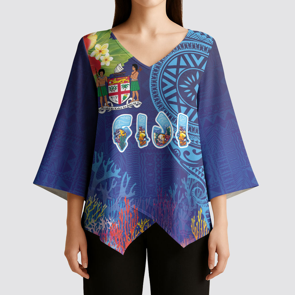 Fiji Day Kimono Sleeve Blouse Coral Reef with Tapa Motifs and Hibiscus Ocean Vibe