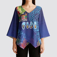 Fiji Day Kimono Sleeve Blouse Coral Reef with Tapa Motifs and Hibiscus Ocean Vibe