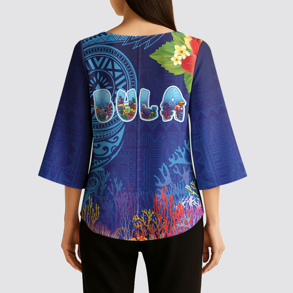 Fiji Day Kimono Sleeve Blouse Coral Reef with Tapa Motifs and Hibiscus Ocean Vibe