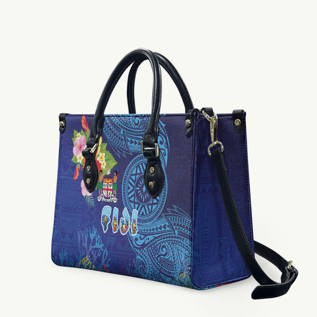 Fiji Day Leather Bag Coral Reef with Tapa Motifs and Hibiscus Ocean Vibe