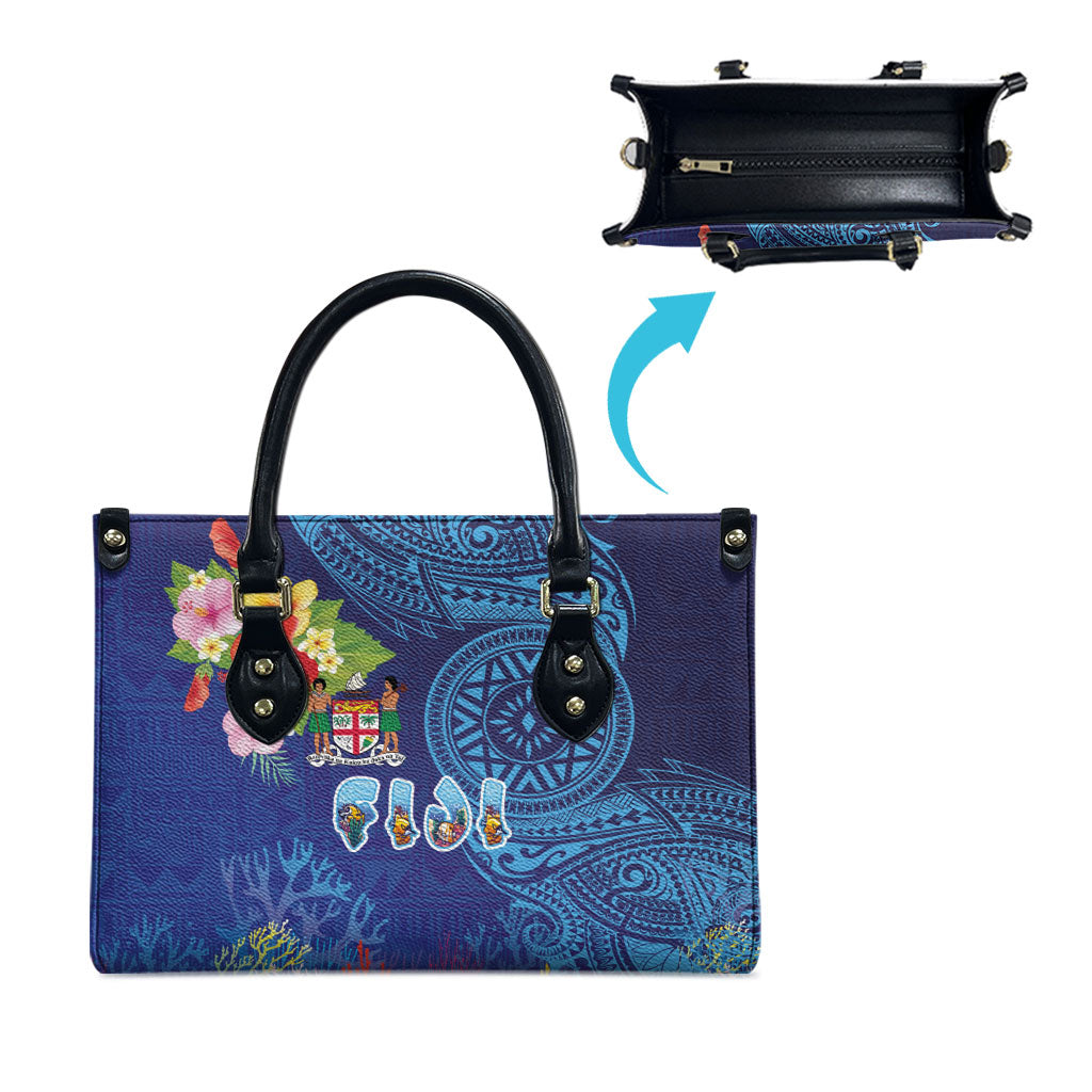 Fiji Day Leather Bag Coral Reef with Tapa Motifs and Hibiscus Ocean Vibe