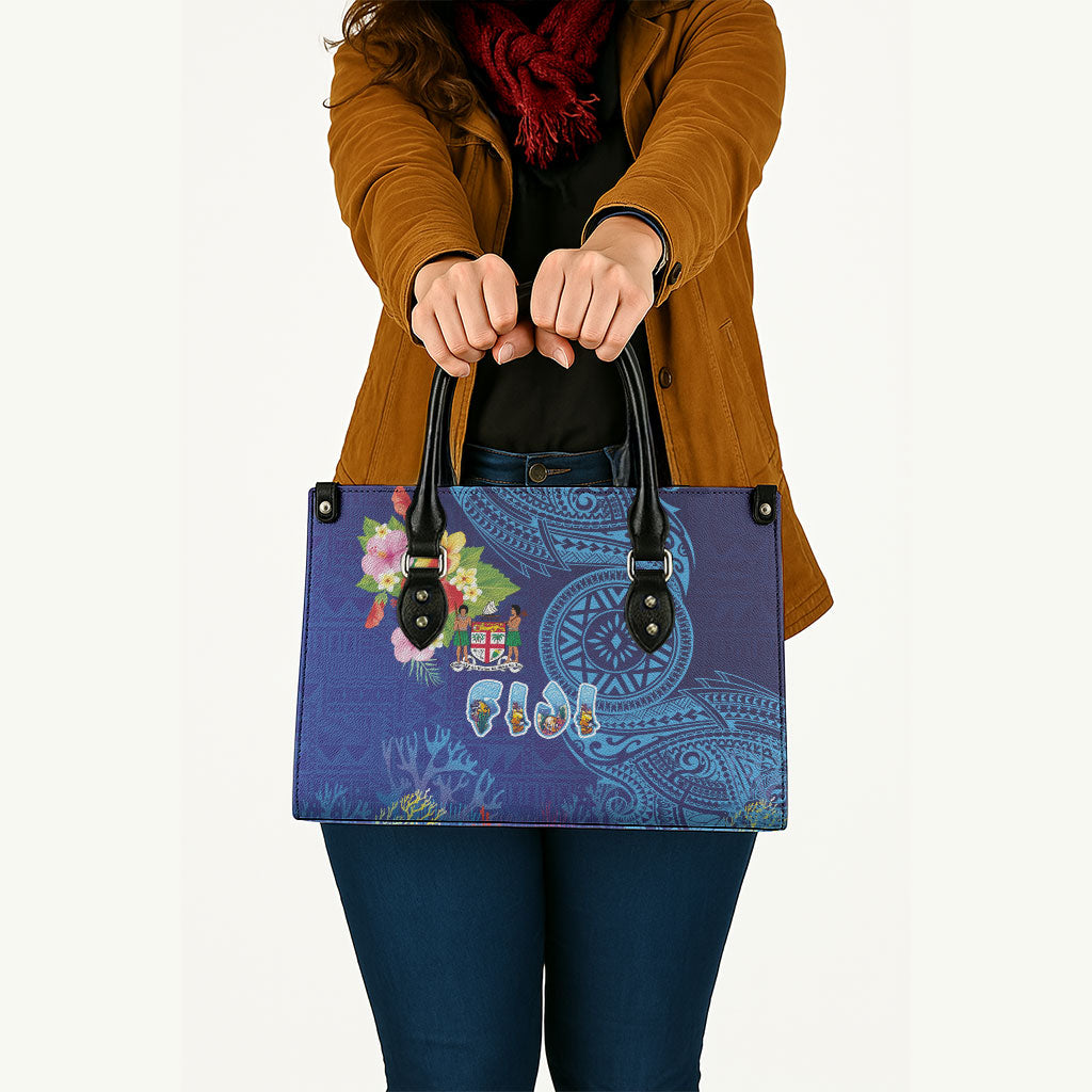 Fiji Day Leather Bag Coral Reef with Tapa Motifs and Hibiscus Ocean Vibe