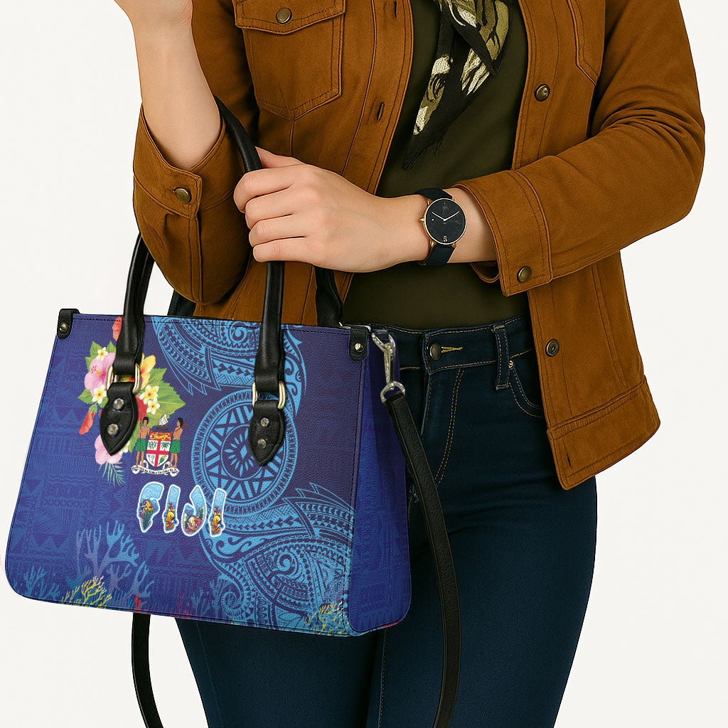 Fiji Day Leather Bag Coral Reef with Tapa Motifs and Hibiscus Ocean Vibe