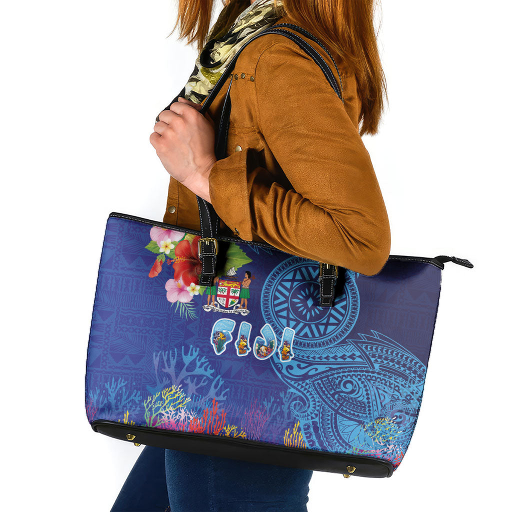 Fiji Day Leather Tote Bag Coral Reef with Tapa Motifs and Hibiscus Ocean Vibe