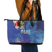 Fiji Day Leather Tote Bag Coral Reef with Tapa Motifs and Hibiscus Ocean Vibe