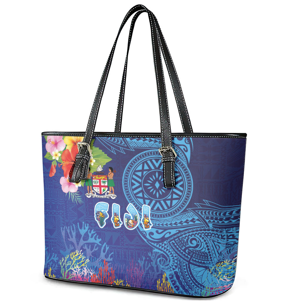 Fiji Day Leather Tote Bag Coral Reef with Tapa Motifs and Hibiscus Ocean Vibe