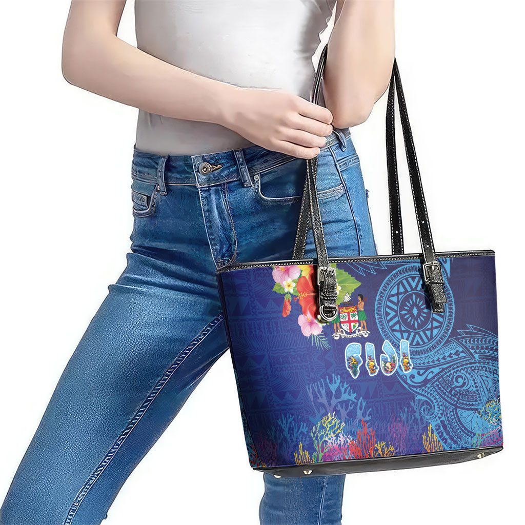 Fiji Day Leather Tote Bag Coral Reef with Tapa Motifs and Hibiscus Ocean Vibe
