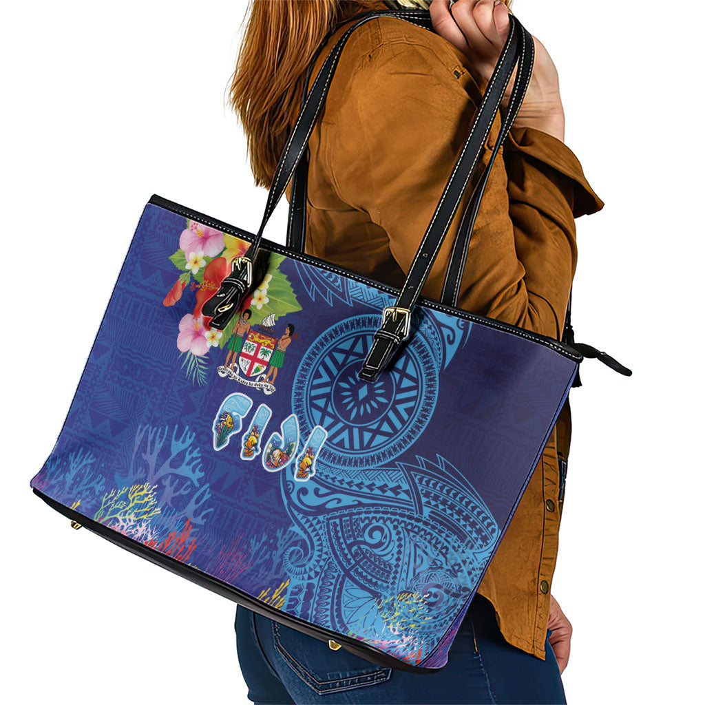 Fiji Day Leather Tote Bag Coral Reef with Tapa Motifs and Hibiscus Ocean Vibe