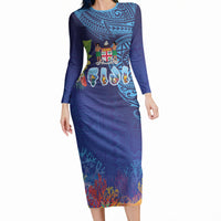 Fiji Day Long Sleeve Bodycon Dress Coral Reef with Tapa Motifs and Hibiscus Ocean Vibe