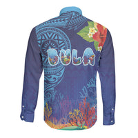 Fiji Day Long Sleeve Button Shirt Coral Reef with Tapa Motifs and Hibiscus Ocean Vibe