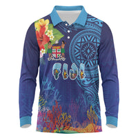 Fiji Day Long Sleeve Polo Shirt Coral Reef with Tapa Motifs and Hibiscus Ocean Vibe