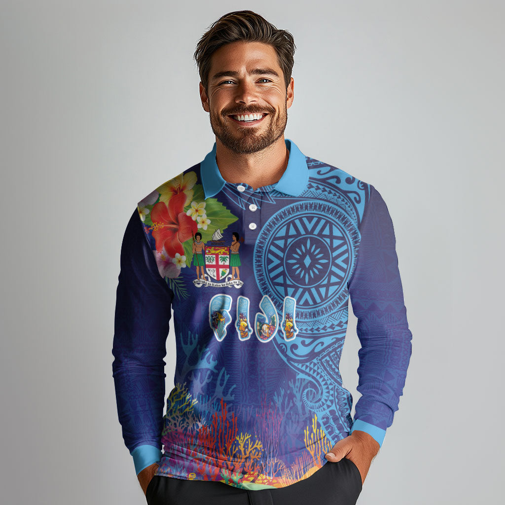 Fiji Day Long Sleeve Polo Shirt Coral Reef with Tapa Motifs and Hibiscus Ocean Vibe