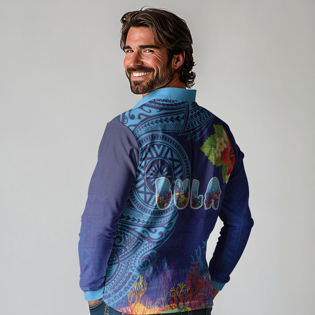 Fiji Day Long Sleeve Polo Shirt Coral Reef with Tapa Motifs and Hibiscus Ocean Vibe