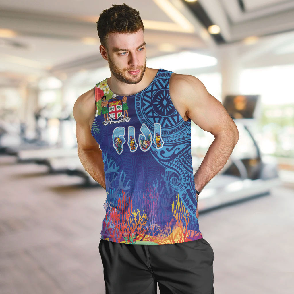 Fiji Day Men Tank Top Coral Reef with Tapa Motifs and Hibiscus Ocean Vibe