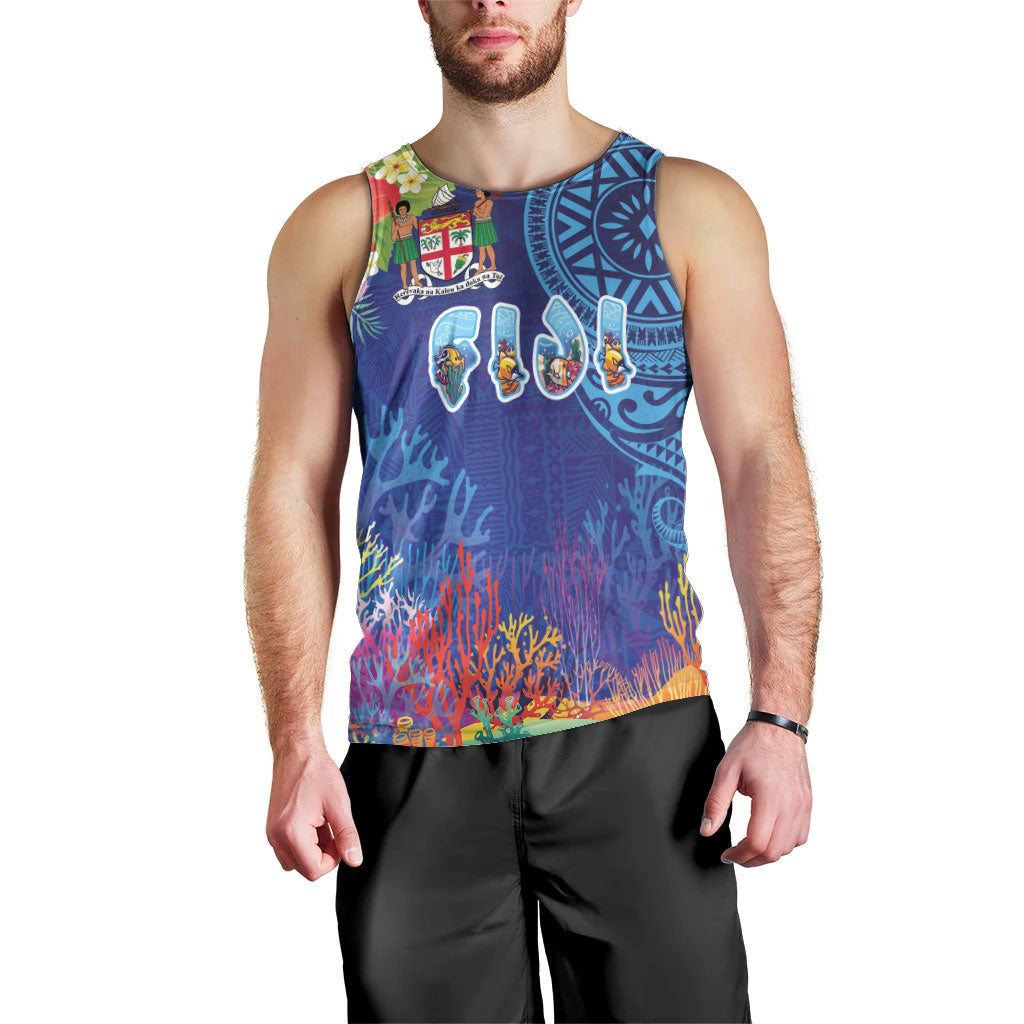 Fiji Day Men Tank Top Coral Reef with Tapa Motifs and Hibiscus Ocean Vibe