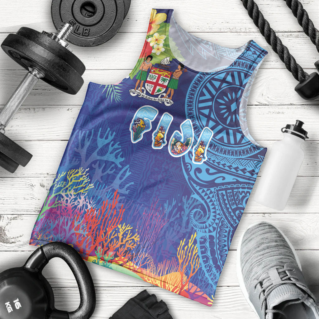 Fiji Day Men Tank Top Coral Reef with Tapa Motifs and Hibiscus Ocean Vibe