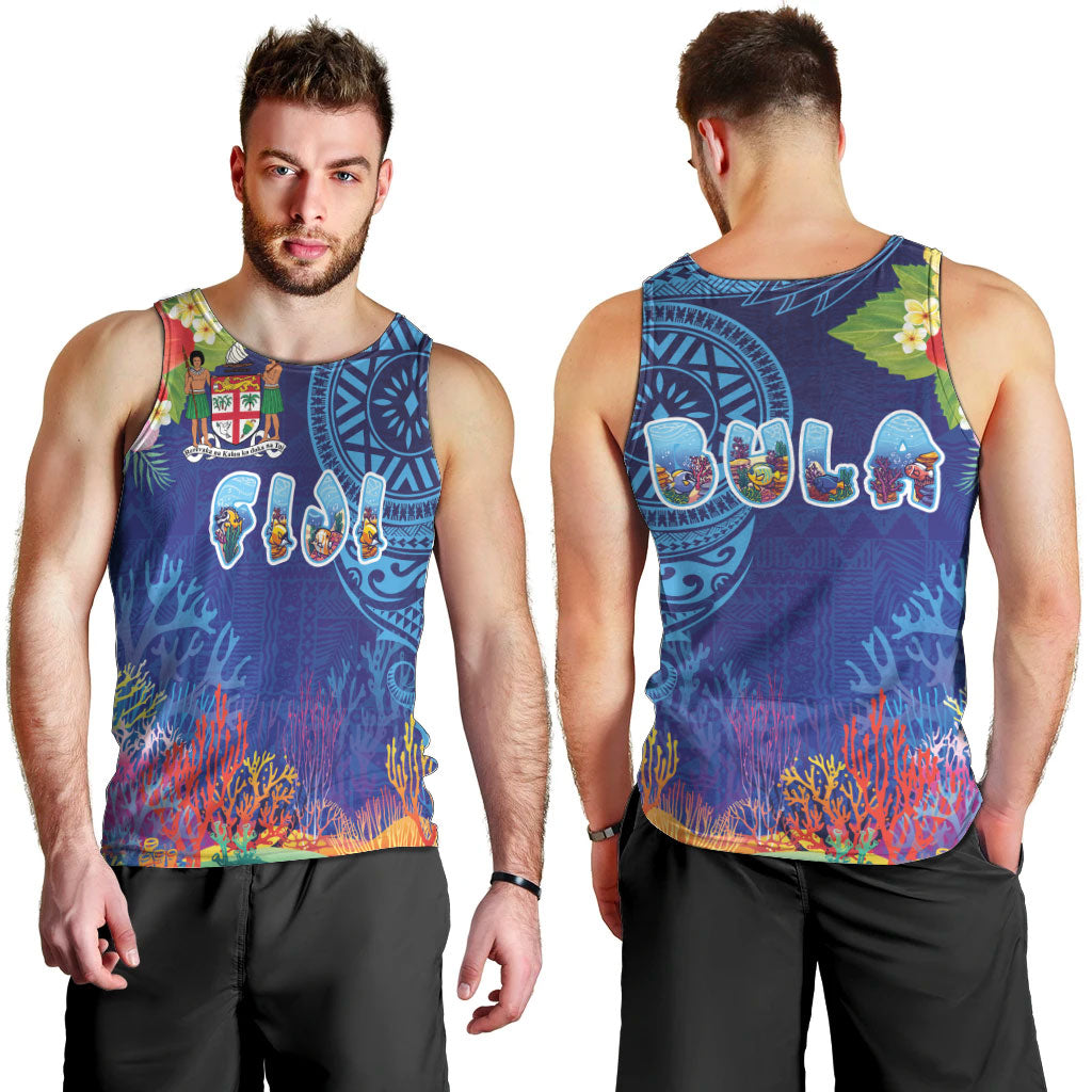 Fiji Day Men Tank Top Coral Reef with Tapa Motifs and Hibiscus Ocean Vibe
