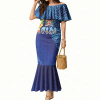 Fiji Day Mermaid Dress Coral Reef with Tapa Motifs and Hibiscus Ocean Vibe
