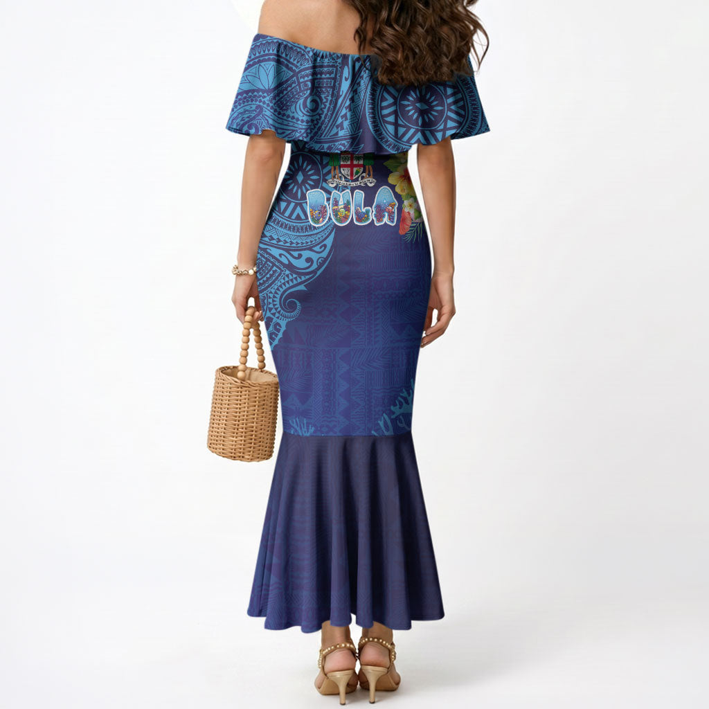 Fiji Day Mermaid Dress Coral Reef with Tapa Motifs and Hibiscus Ocean Vibe