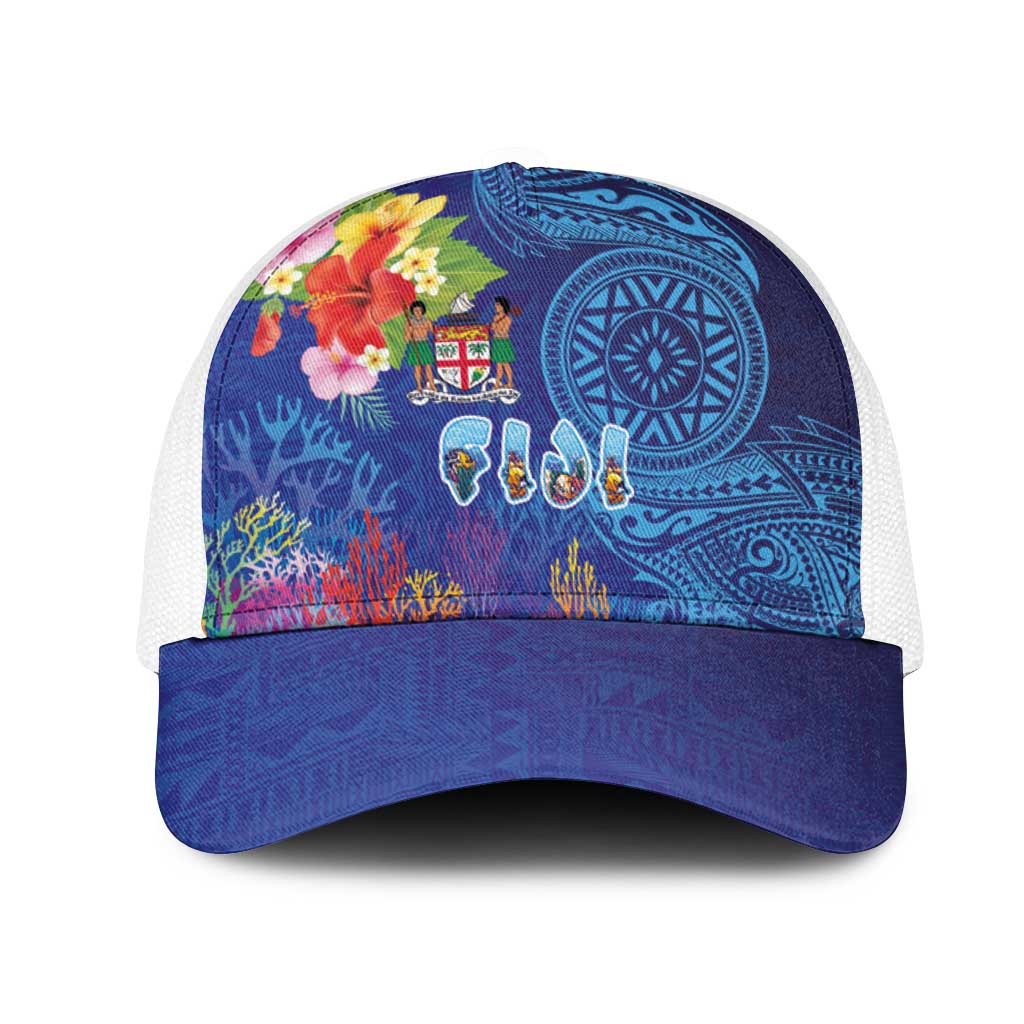 Fiji Day Mesh Trucker Cap Coral Reef with Tapa Motifs and Hibiscus Ocean Vibe