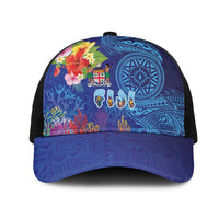 Fiji Day Mesh Trucker Cap Coral Reef with Tapa Motifs and Hibiscus Ocean Vibe