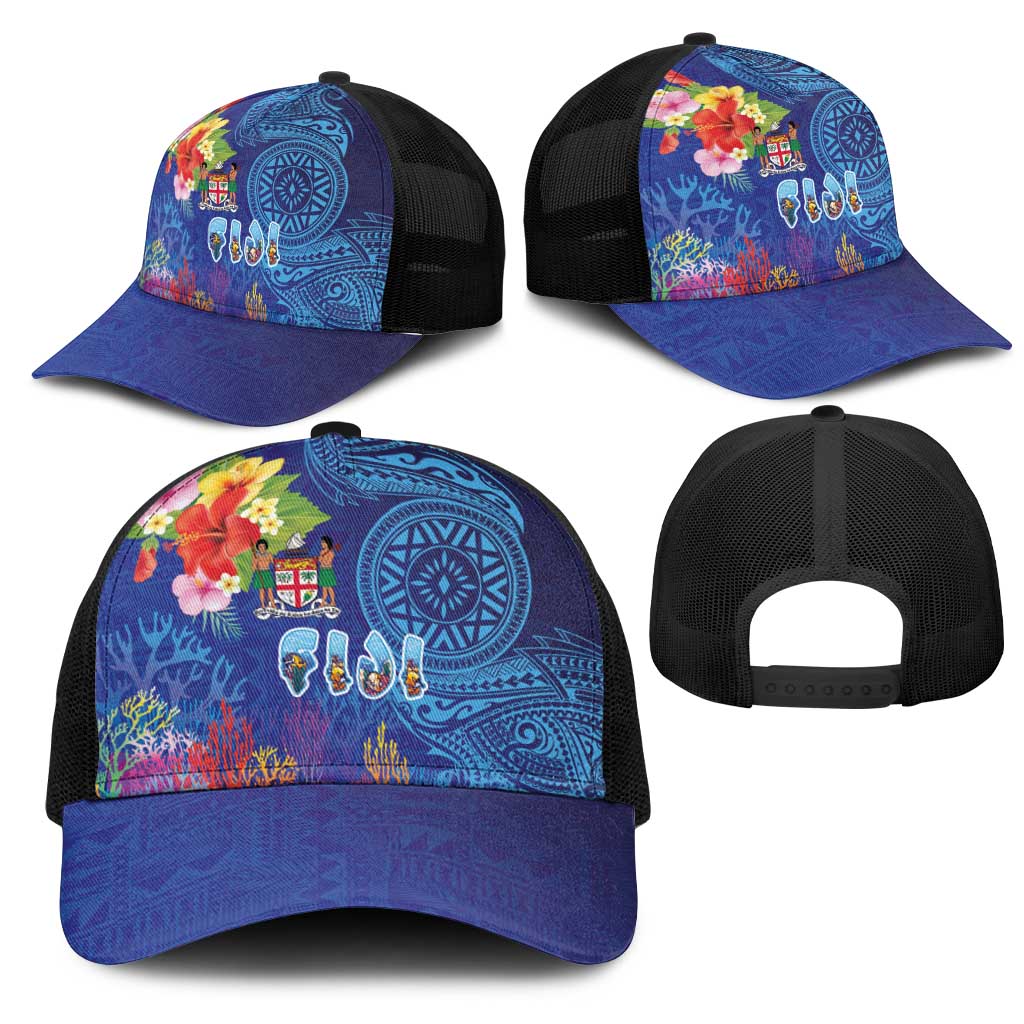 Fiji Day Mesh Trucker Cap Coral Reef with Tapa Motifs and Hibiscus Ocean Vibe
