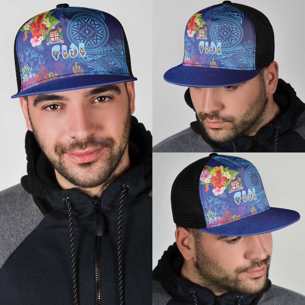 Fiji Day Mesh Trucker Cap Coral Reef with Tapa Motifs and Hibiscus Ocean Vibe