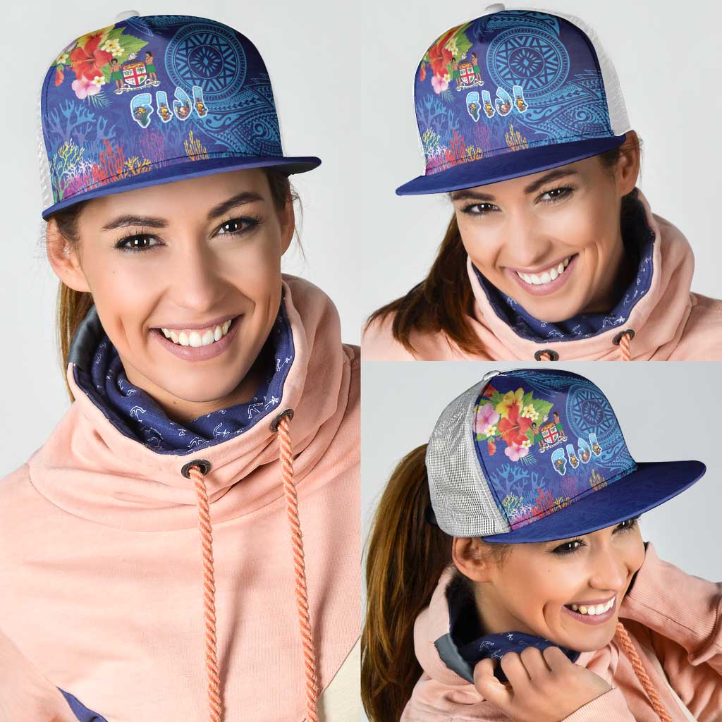 Fiji Day Mesh Trucker Cap Coral Reef with Tapa Motifs and Hibiscus Ocean Vibe