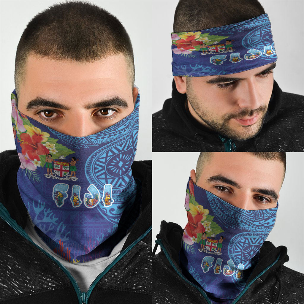 Fiji Day Neck Gaiter Coral Reef with Tapa Motifs and Hibiscus Ocean Vibe