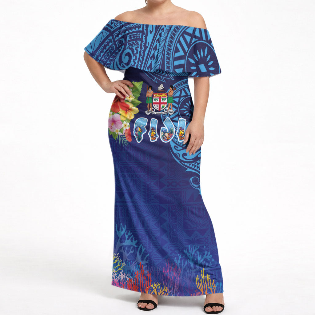 Fiji Day Off Shoulder Maxi Dress Coral Reef with Tapa Motifs and Hibiscus Ocean Vibe