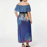 Fiji Day Off Shoulder Maxi Dress Coral Reef with Tapa Motifs and Hibiscus Ocean Vibe