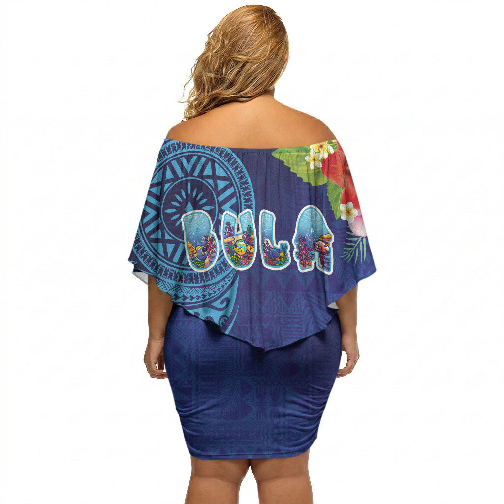 Fiji Day Off Shoulder Short Dress Coral Reef with Tapa Motifs and Hibiscus Ocean Vibe