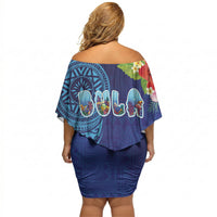 Fiji Day Off Shoulder Short Dress Coral Reef with Tapa Motifs and Hibiscus Ocean Vibe