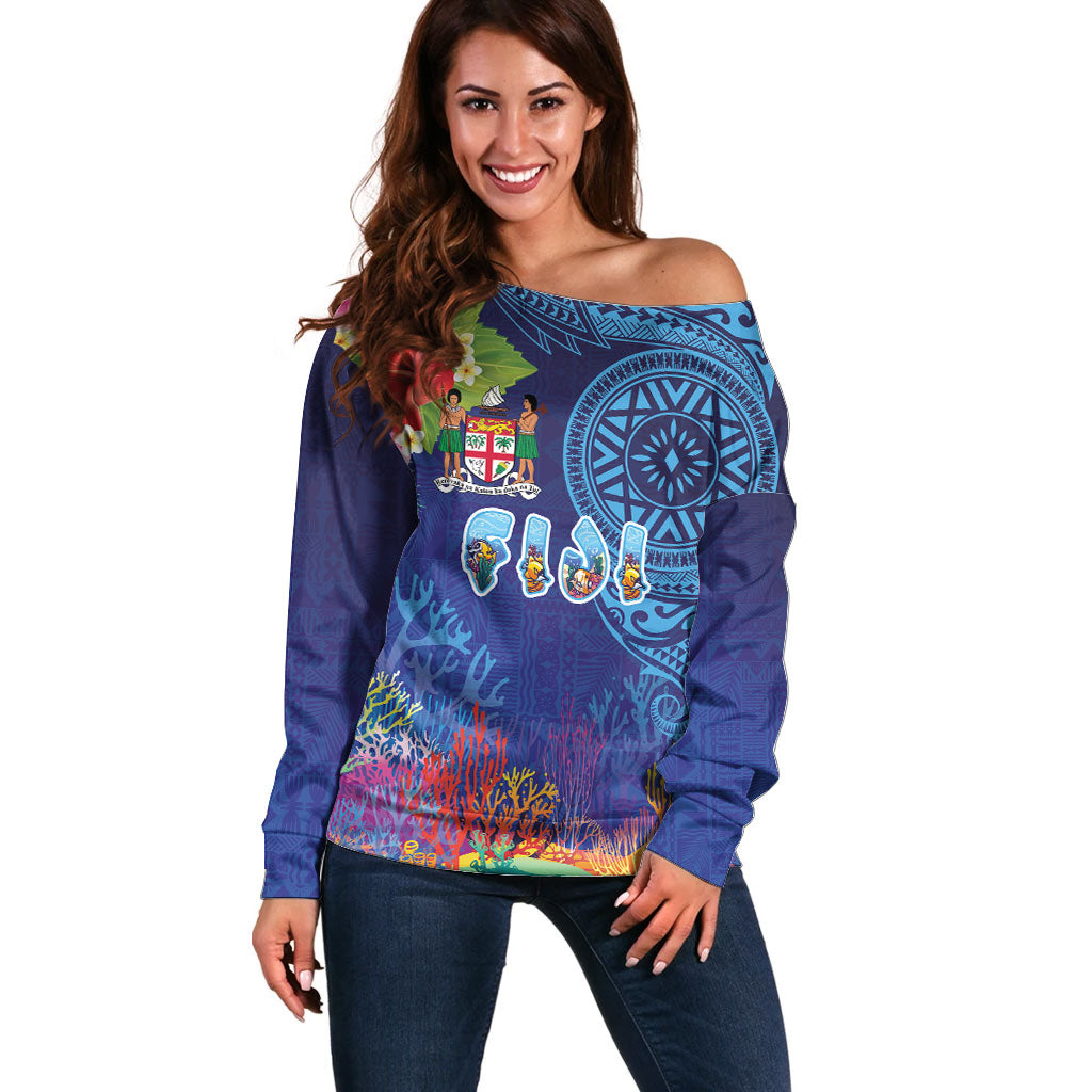 Fiji Day Off Shoulder Sweater Coral Reef with Tapa Motifs and Hibiscus Ocean Vibe