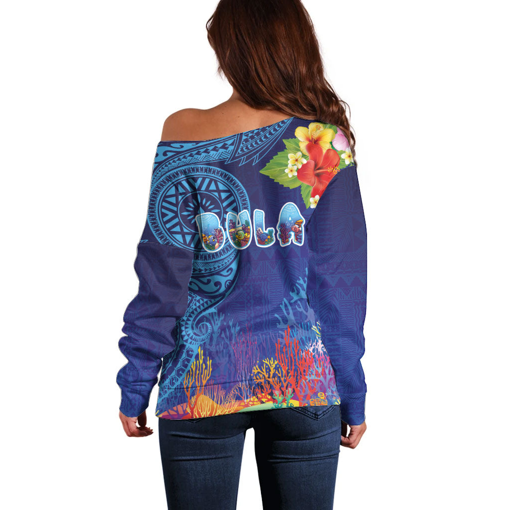 Fiji Day Off Shoulder Sweater Coral Reef with Tapa Motifs and Hibiscus Ocean Vibe