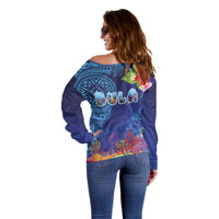 Fiji Day Off Shoulder Sweater Coral Reef with Tapa Motifs and Hibiscus Ocean Vibe