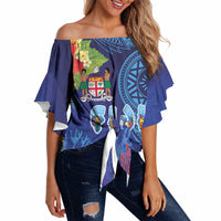 Fiji Day Off Shoulder Wrap Waist Top Coral Reef with Tapa Motifs and Hibiscus Ocean Vibe