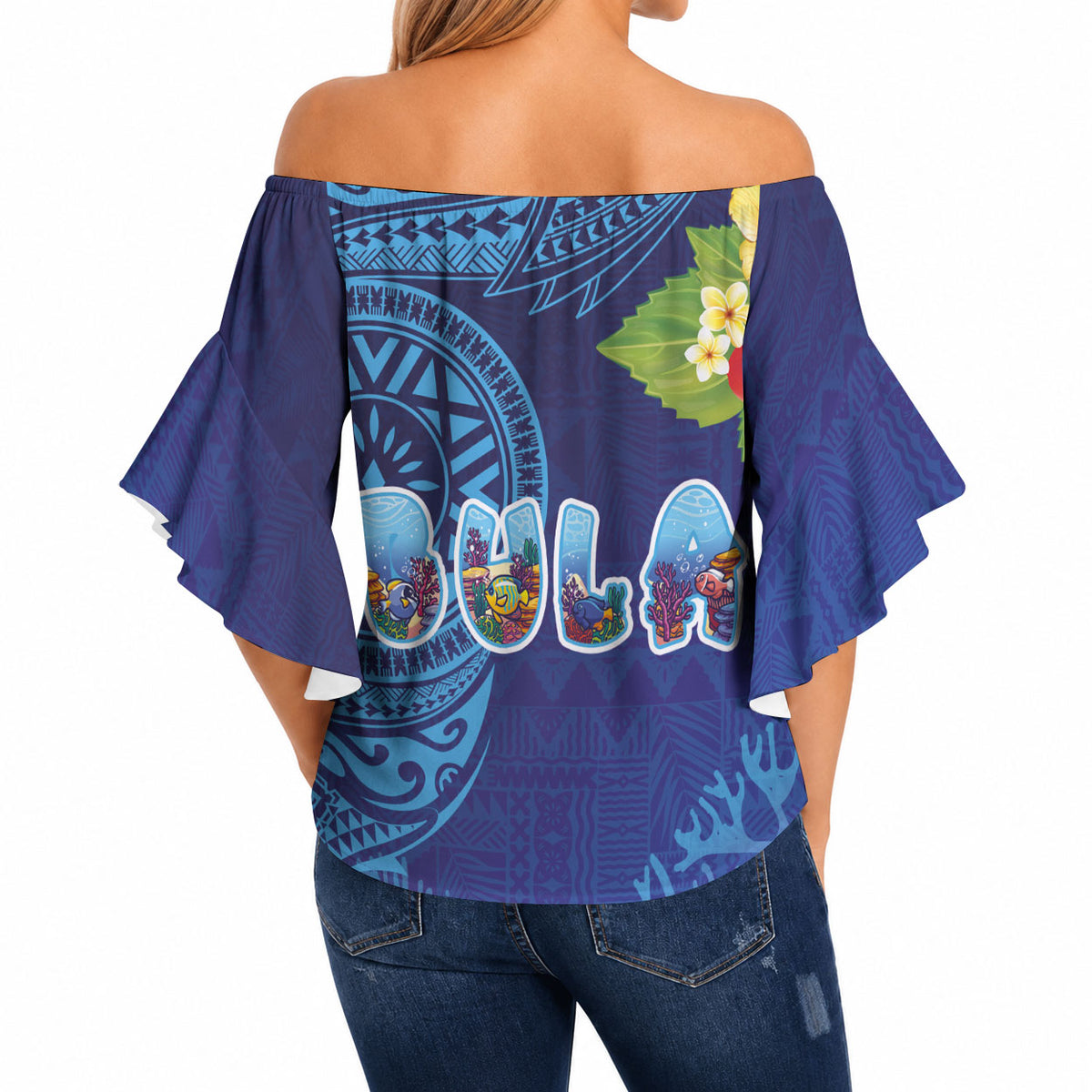 Fiji Day Off Shoulder Wrap Waist Top Coral Reef with Tapa Motifs and Hibiscus Ocean Vibe
