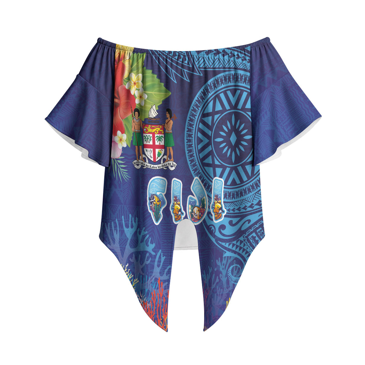 Fiji Day Off Shoulder Wrap Waist Top Coral Reef with Tapa Motifs and Hibiscus Ocean Vibe