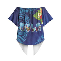 Fiji Day Off Shoulder Wrap Waist Top Coral Reef with Tapa Motifs and Hibiscus Ocean Vibe