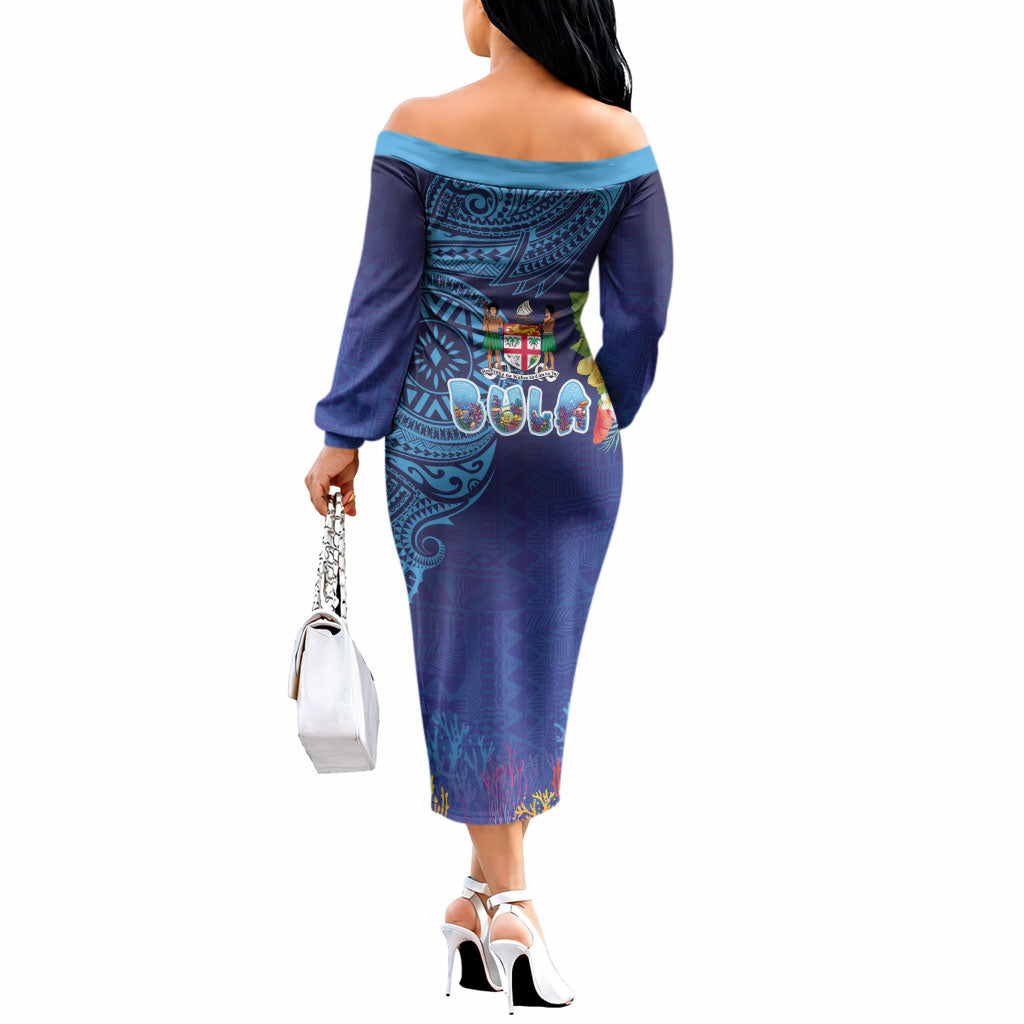 Fiji Day Off The Shoulder Long Sleeve Dress Coral Reef with Tapa Motifs and Hibiscus Ocean Vibe